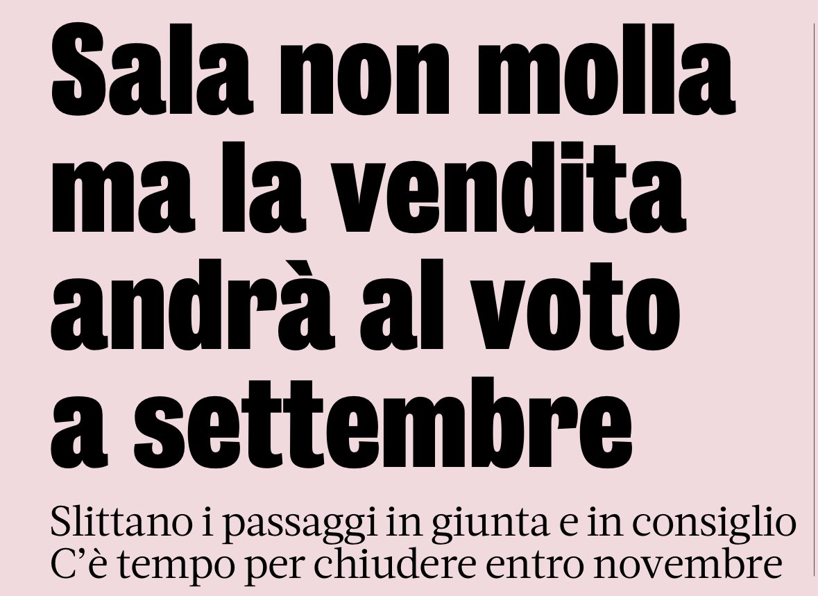 Il sindaco #Sala non molla, ma la vendita di #SanSiro a #Milan e #Inter slitta a settembre. 

Oggi il confronto in consiglio comunale sul futuro del primo cittadino che ha incassato il sostegno del Pd, ma sull’impianto l’indicazione è di fare tutto dopo l’estate.

I club devono
