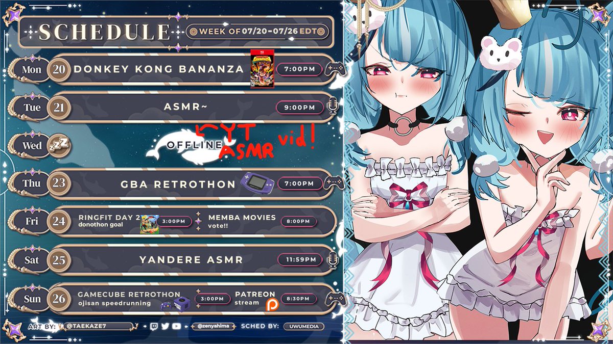 zenyahima's tweet image. ✨New sched of da week!

Mon: MONKE TIME! 🐒
Tue: ASMR 😴
Thu: GBA day! 👴
Fri: exercise! 🏃
Sat: special yandere asmr 🔪
Sun: gamecube day 👴

fun filled week, getting through lots of things! fun events too! hope to see ya reporting at the starship pengoon 💙