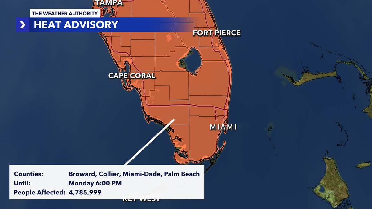 MattDevittWX's tweet image. *HEAT ADVISORY* issued for Miami-Dade, Broward, Palm Beach, Collier, Hendry, Glades, Mainland Monroe County until 7/21 6:00PM. Heat index and feels like temperatures over 105°.