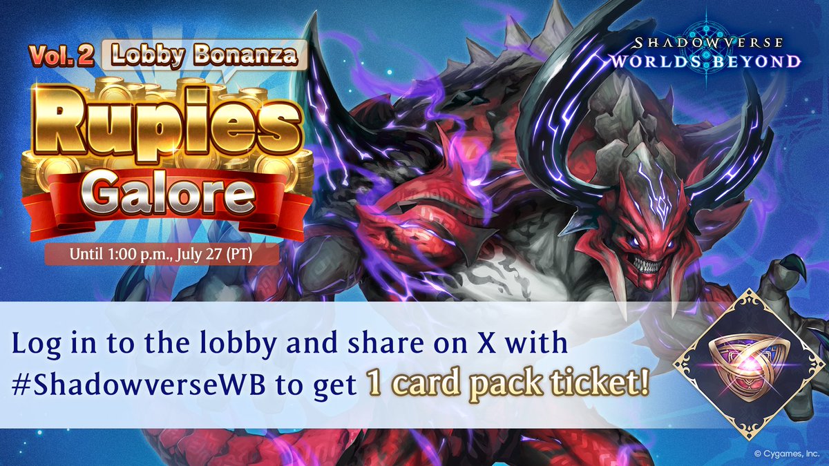 I'm entering #ShadowverseWB Lobby Bananza: Rupies Galore for a chance to win 2.5 million rupies! 🎁 

👇 Enter now and use the in-game share function to earn a card pack ticket for free!
shadowverse-wb.com/en/