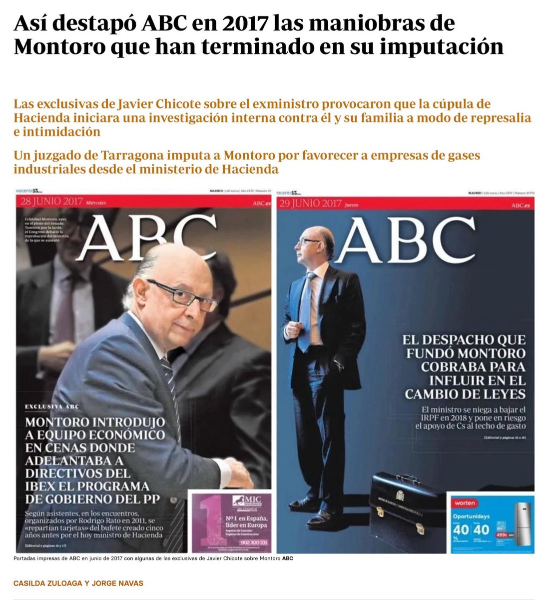 ¿Cómo es posible que el Gobierno y sus adláteres estén reprochando a <a href="/abc_es/">ABC.es</a> su línea informativa sobre Montoro cuando fue ABC quien destapó el caso en 2017, gobernando el PP y siendo Montoro ministro plenipotenciario?