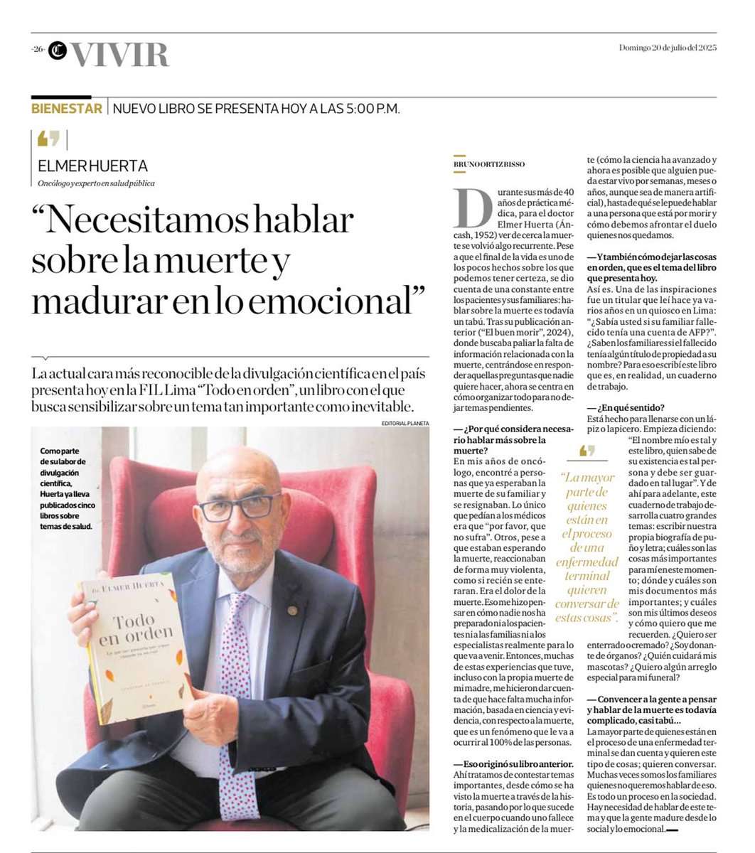El domingo volví a publicar en <a href="/elcomercio_peru/">El Comercio</a>. Esta vez, fue una entrevista al <a href="/drhuerta/">Elmer Huerta</a> por su más reciente publicación (Todo en orden) que fue presentada en la <a href="/FILLima2025/">FIL Lima</a>. 

La nota completa aquí:

elcomercio.pe/bienestar/crec…