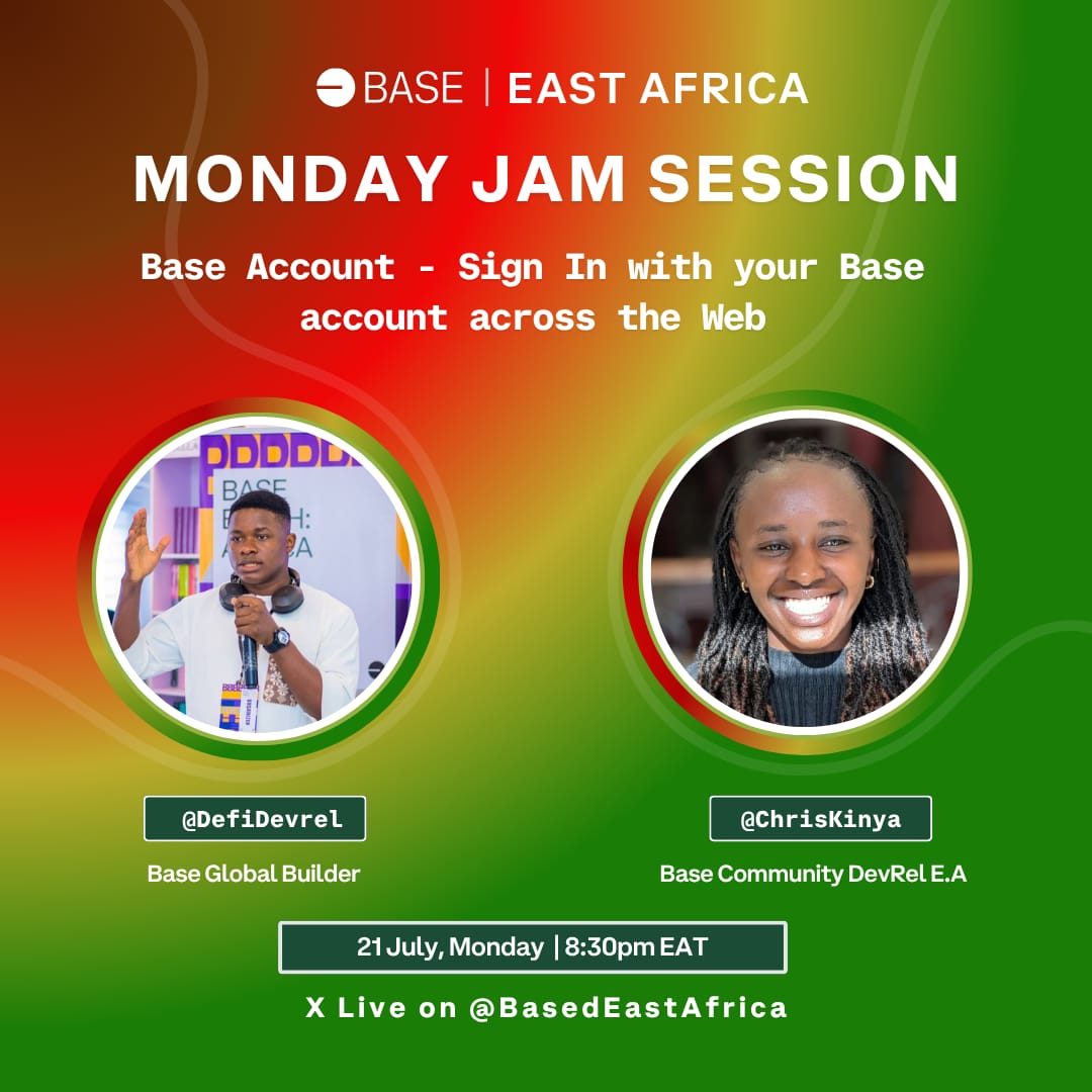 Eddie Kago ⚡ (@basedkago) on Twitter photo Based East Africa is live again tonight!
Today's Jam Session will be a codejam on Base Accounts - How you can use your crypto account on Base as an alternative login profile across the Web.
Starts from 8:30pm EAT on <a href="/BasedEastAfrica/">Based East Africa</a>, moderated by <a href="/ChrisKinya/">Christine Kinya</a> and <a href="/DefiDevrel/">DefiDevrel</a>. Based East Africa is live again tonight!
Today's Jam Session will be a codejam on Base Accounts - How you can use your crypto account on Base as an alternative login profile across the Web.
Starts from 8:30pm EAT on <a href="/BasedEastAfrica/">Based East Africa</a>, moderated by <a href="/ChrisKinya/">Christine Kinya</a> and <a href="/DefiDevrel/">DefiDevrel</a>.