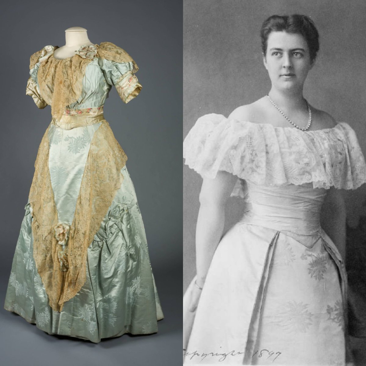 vickyhaddock's tweet image. First Lady Frances Cleveland was born #OnThisDay in 1864. She wore this two-piece blue silk damask dress with a chrysanthemum pattern in photos taken by Frances Benjamin in 1887. The dress was altered in the 1890s with the additions of lace and ribbon. @MDHistory #fashionhistory