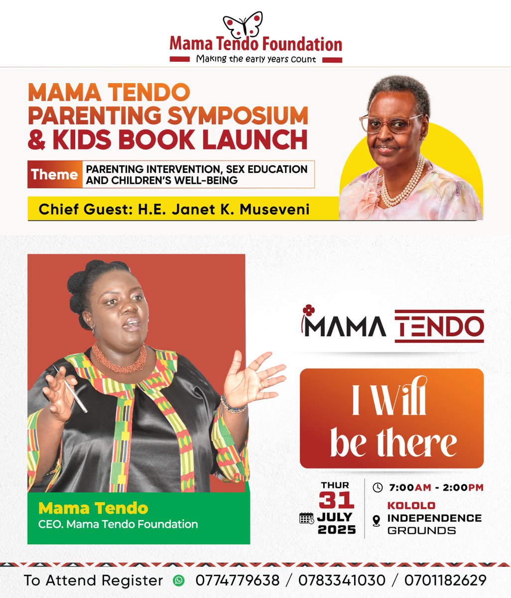 Mama Tendo leads the way!
Join Mama Tendo,CEO of Mama Tendo Foundation,as she champions parenting ,sex education,and children's wellbeing at the Parenting Symosium and kid's book launch event.
She'll be there -Will You?
Register Now!
chat.whatsapp.com/FUCqixL4NpsEYg…