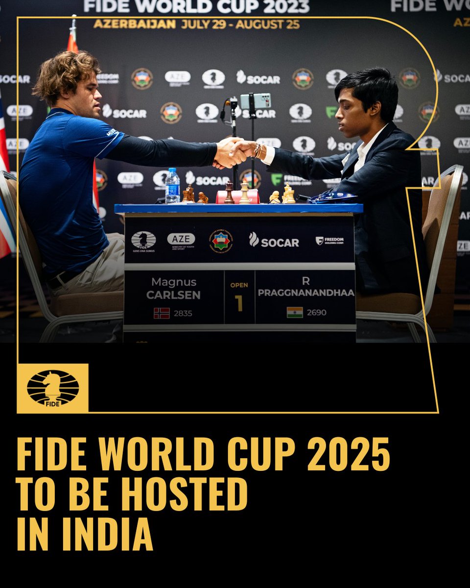 ♟ FIDE World Cup 2025 to be hosted in 🇮🇳 India!

The prestigious FIDE World Cup is coming to India this year! Scheduled for October 30 to November 27, 2025, the tournament will feature the world’s best players battling for the coveted title and qualification spots in the 2026