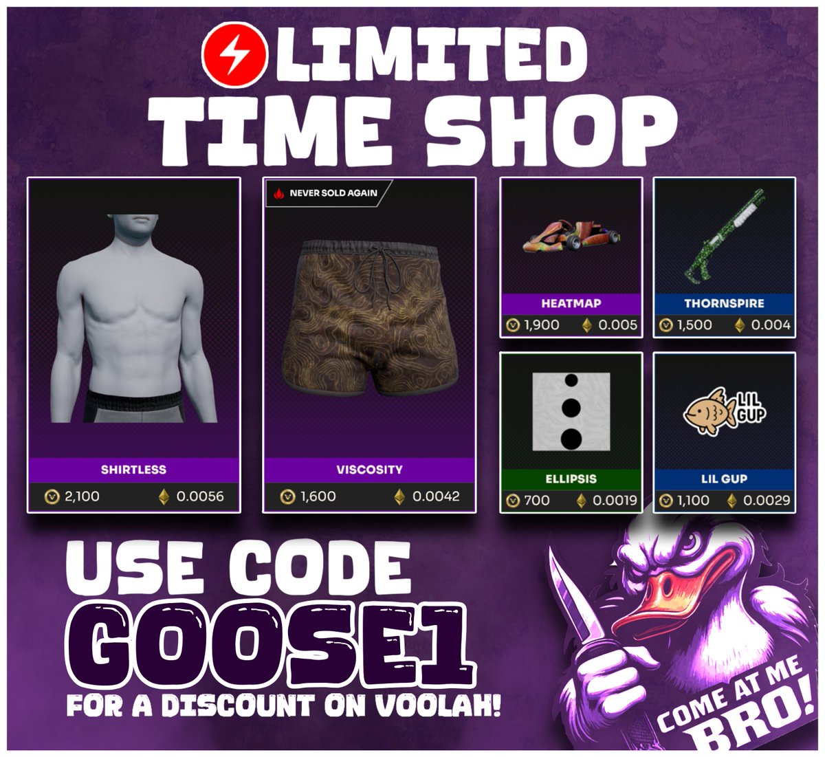 0x_Goose's tweet image. ⚡️ New Limited Time Shop..                                            
Code [GOOSE1] for a discount on Voolah!
@KOMPETEgame
