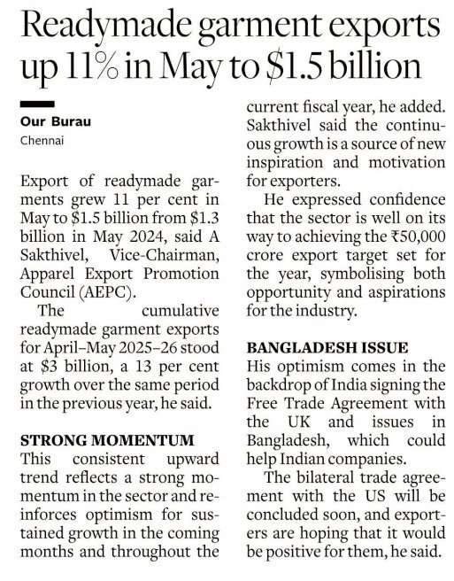 Blissful Bihar 🗿 (@harsh_ashwik) on Twitter photo India is rapidly emerging as a global apparel exporter. In May 2025, RMG exports reached $1.5B, up 11% in YoY. Total exports during APR-MAY 25-26 hit $3B, a 13% rise.
It shows India's Textile growth, but when we ask what Bihar contributed or gained, <a href="/girirajsinghbjp/">Shandilya Giriraj Singh</a> goes silent. India is rapidly emerging as a global apparel exporter. In May 2025, RMG exports reached $1.5B, up 11% in YoY. Total exports during APR-MAY 25-26 hit $3B, a 13% rise.
It shows India's Textile growth, but when we ask what Bihar contributed or gained, <a href="/girirajsinghbjp/">Shandilya Giriraj Singh</a> goes silent.