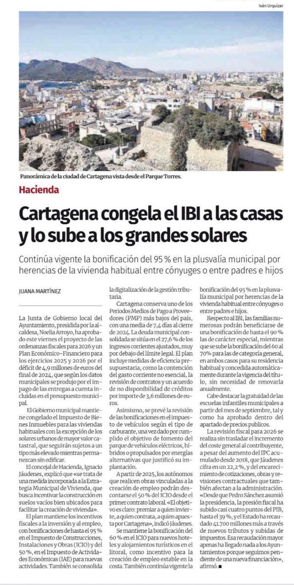 ¡Buenos días! Congelamos el IBI para todas las viviendas de Cartagena, y aumentamos al 70% la bonificación para las familias numerosas generales y al 90% para las especiales. Seguimos.