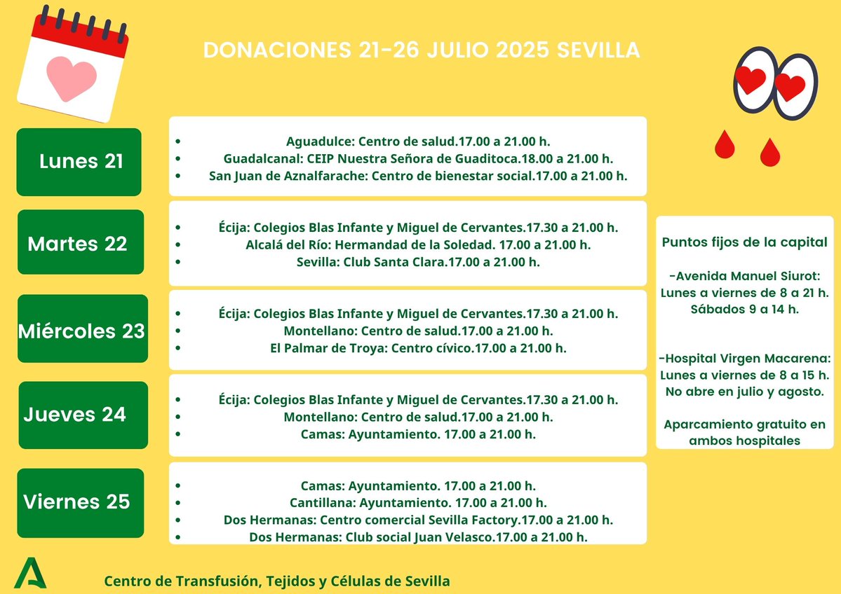 Comienza el periodo crítico del #verano para las #donacionesdesangre. Es necesario reponer las reservas lo antes posible de los grupos 0+, A+, 0- y A-. ¡Te esperamos! #Sevilla
