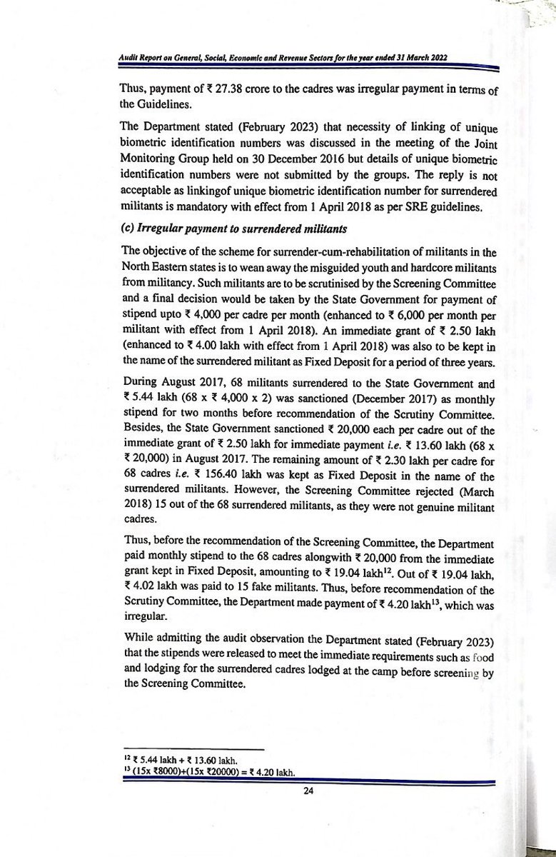BoiBoey's tweet image. CAG’s Report (2021-22) revealed irregular payment of ₹27.38 crore to the cadres under Suspension of Operations(SoO), as payment was NOT LINKED with Aadhaar (Unique Biometric Identification Numbers) as per guidelines of Security Related Expenditure #AbrogateSoO @dir_ed @NIA_India