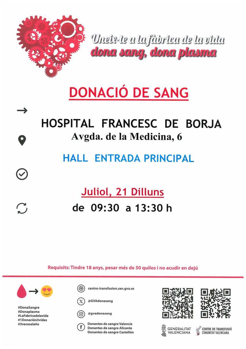 GVAdonasang's tweet photo. Donació de sang a l'Hospital @GVAhgandia
📅dilluns #21Juliol
Les donacions regulars de sang són imprescindibles per a garantir la disponibilitat de sang als hospitals.
#DonaSang ,#DonaPlasma
Este estiu #CompartixVida🩸 https://t.co/uHwsyNQoma
