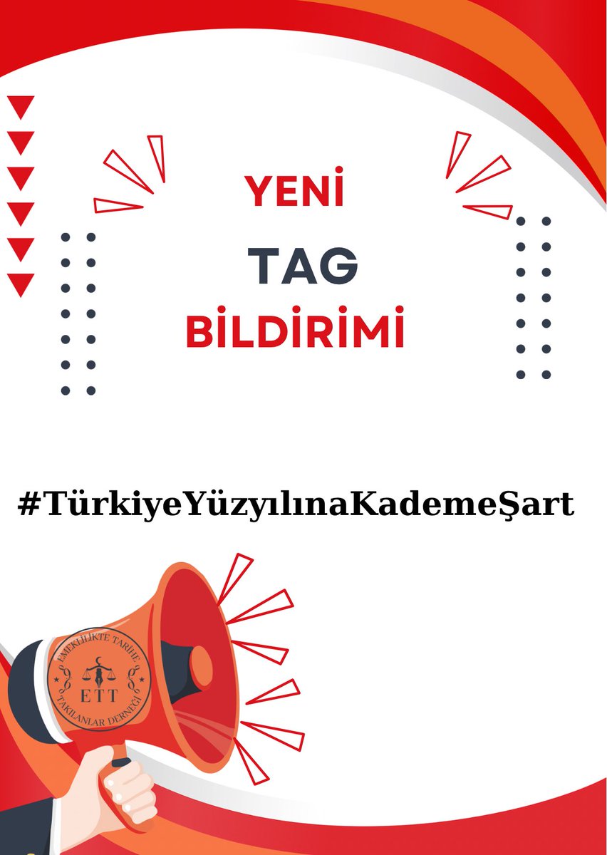 📣 📣 YENİ TAG
👇👇👇👇👇👇👇👇👇👇👇👇
🔖 #TürkiyeYüzyılınaKademeŞart

Emeklilikte Tarihe Takılanlar olarak sesimizi bir kez daha yükseltiyoruz:

📌 Aynı yaşta, benzer primle emeklilikte 17 yıla varan fark kabul edilemez!
📌 Türkiye Yüzyılı vizyonu; ancak adaletli bir kademeli
