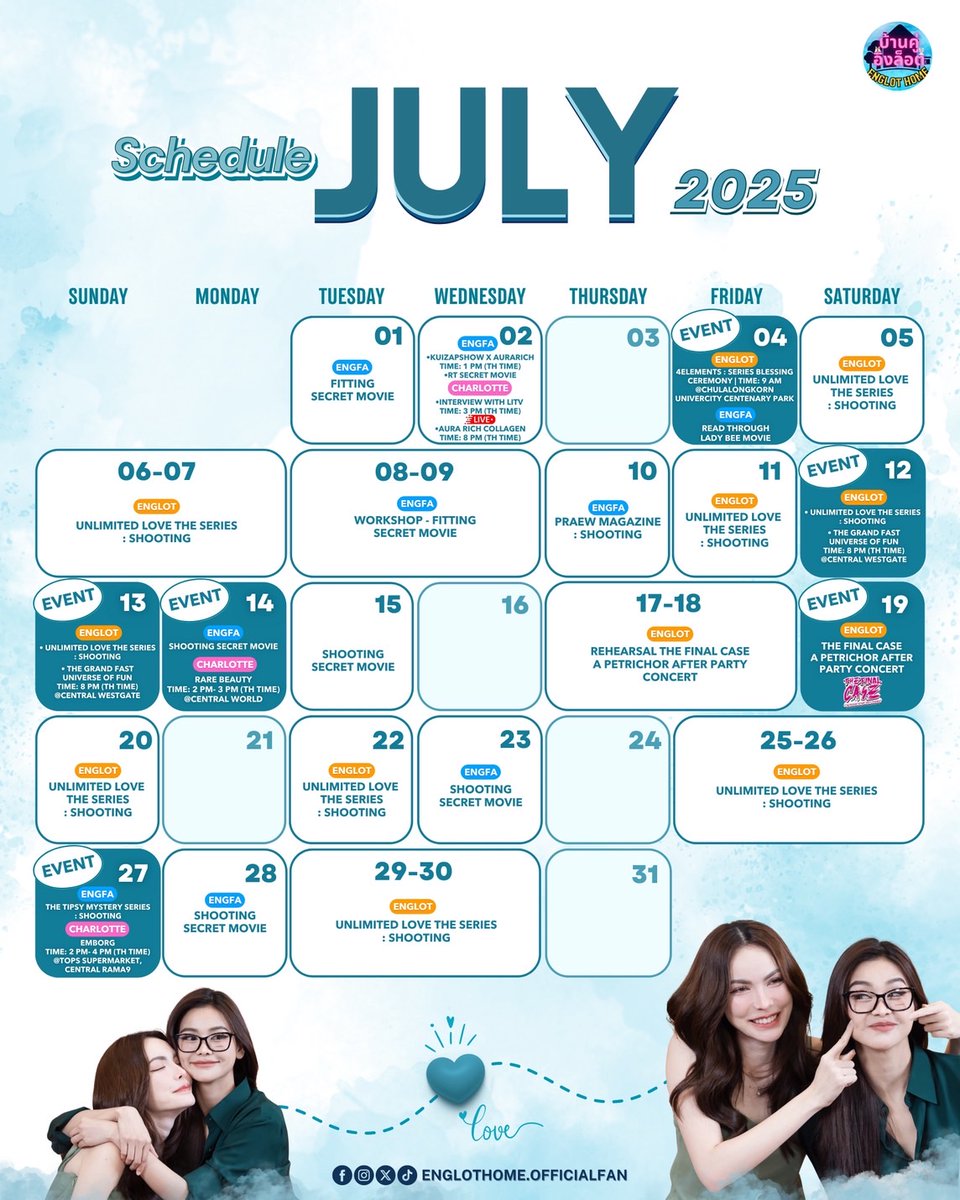 Englothome's tweet image. ✨Schedule ENGLOT 2025✨
ตารางงานเดือนกรกฎาคมของ #อิงล็อต (ปล.เพื่อความสะดวกในการติดตามงานของแฟนคลับ บ้านคู่จะลงทั้งเดือน ส่วนของชาล็อตยังเป็นราย Week อยู่นะคะ ถ้าตารางงานชาล็อตออกเพิ่มเติมจะ Update เข้าไปในตารางค่ะ 🙏)
📌ตารางงานอาจมีการเปลี่ยนแปลง
บ้างนะคะ…