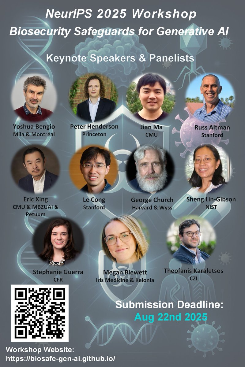 SOURADIPCHAKR18's tweet image. 🚨 Can AI design harmful viruses or toxic molecules?

🎉 Excited to announce that our Workshop on Biosecurity Safeguards for Gen AI got accepted at #Neurips2025
Link : biosafe-gen-ai.github.io

Kudos to amazing team @MengdiWang10 @lecong Alvaro @ZaixiZhang @amritsinghbedi3 Ruofan