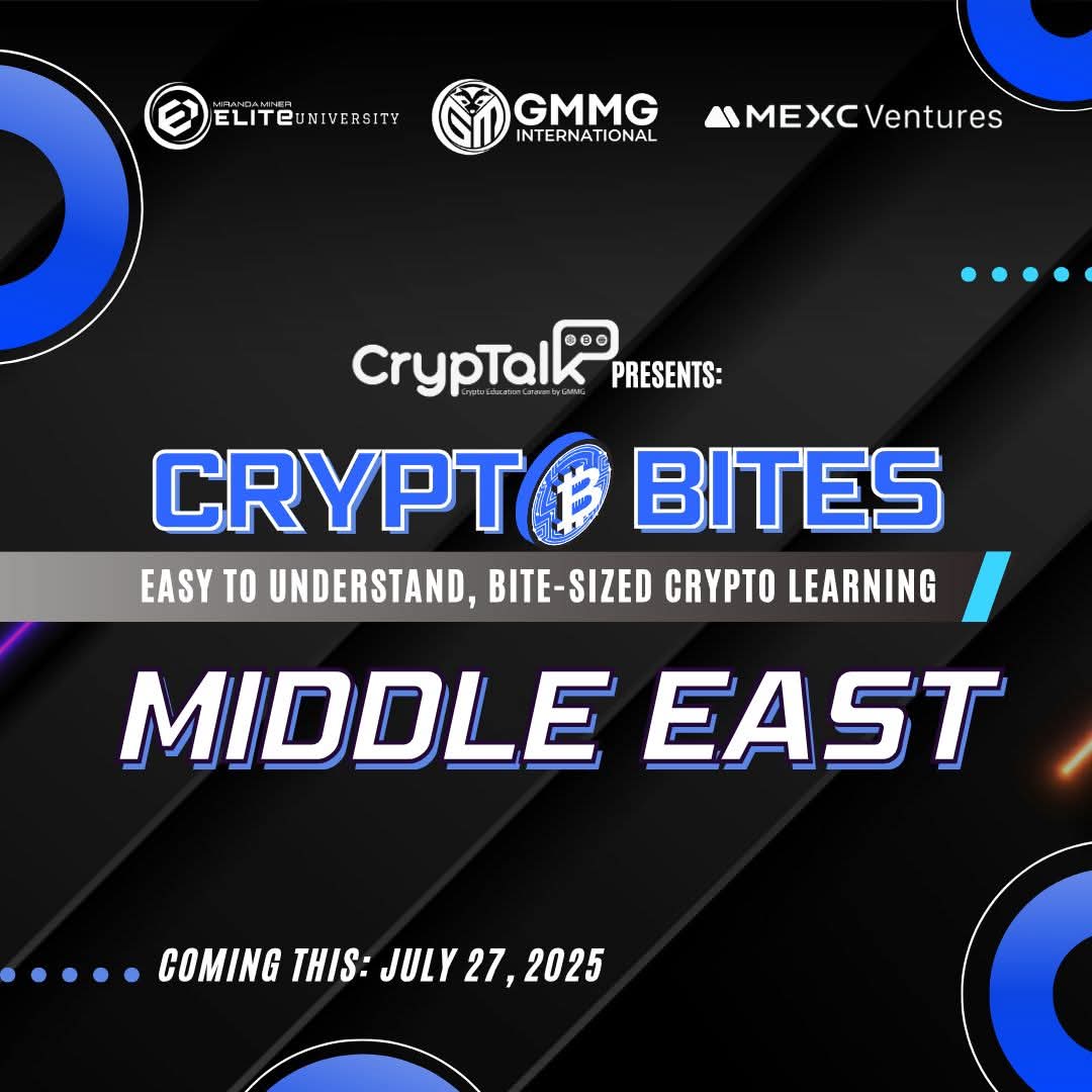 📣 CryptoBites is Heading to the Middle East! 🌍
In partnership with GMMG Dubai and MEXC Ventures, we’re proud to launch CryptoBites: Middle East this July 27, 2025!

Get ready for real talk, practical crypto lessons, and a strong global community — now reaching learners and