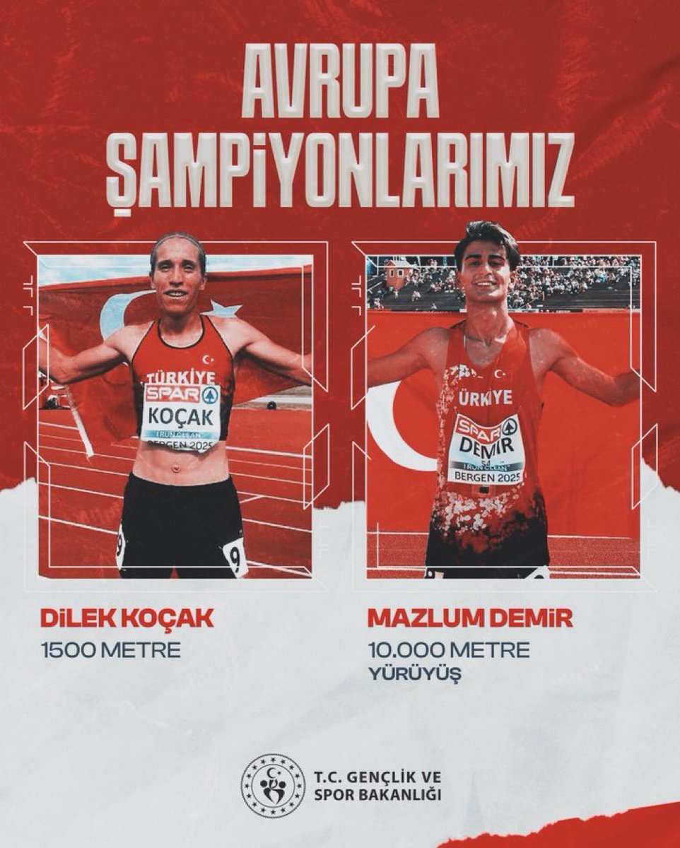 🇹🇷🏆🥇Norveç’in Bergen kentinde düzenlenen Avrupa U23 Atletizm Şampiyonası’nda; 10.000 metre yürüyüşte Mazlum Demir,  1500 metre yarışında ise Dilek Koçak altın madalyaya uzanarak şampiyon oldular,  büyük bir başarıya imza attılar. 

Milletimize yaşattıkları büyük sevinç için
