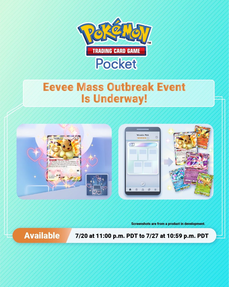 Bulbanews's tweet image. New Eevee Mass Outbreak event now live in Pokémon TCG Pocket, with five separate Eeveelution Pokémon ex cards available in Rare Picks bulbagarden.net/threads/new-ee… #pokémon