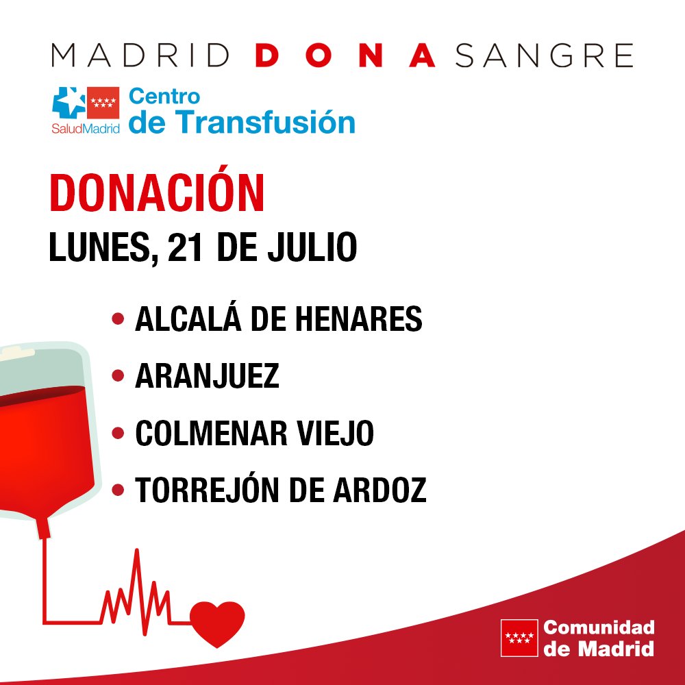 👉 En verano muchos pacientes siguen necesitando sangre para continuar con sus tratamientos. #DonaVida

❤ Hoy, además de en los puntos fijos, también puedes #donarsangre en las unidades móviles de la Comunidad de Madrid y Cruz Roja en estos municipios 👇

c.madrid/donasangre
