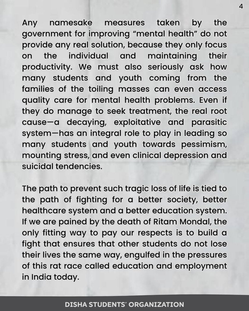 JoinDisha's tweet photo. Another young life sacrificed at the altar of this parasitic system!
How long can we let these systemic murders continue?
- Disha Students' Organization
(Full Statement in Photos)
#iitkharagpur #Kharagpur #IIT #Students #education #StudentSuicide #RitamMondal #systemicmurder https://t.co/vythRytAXM