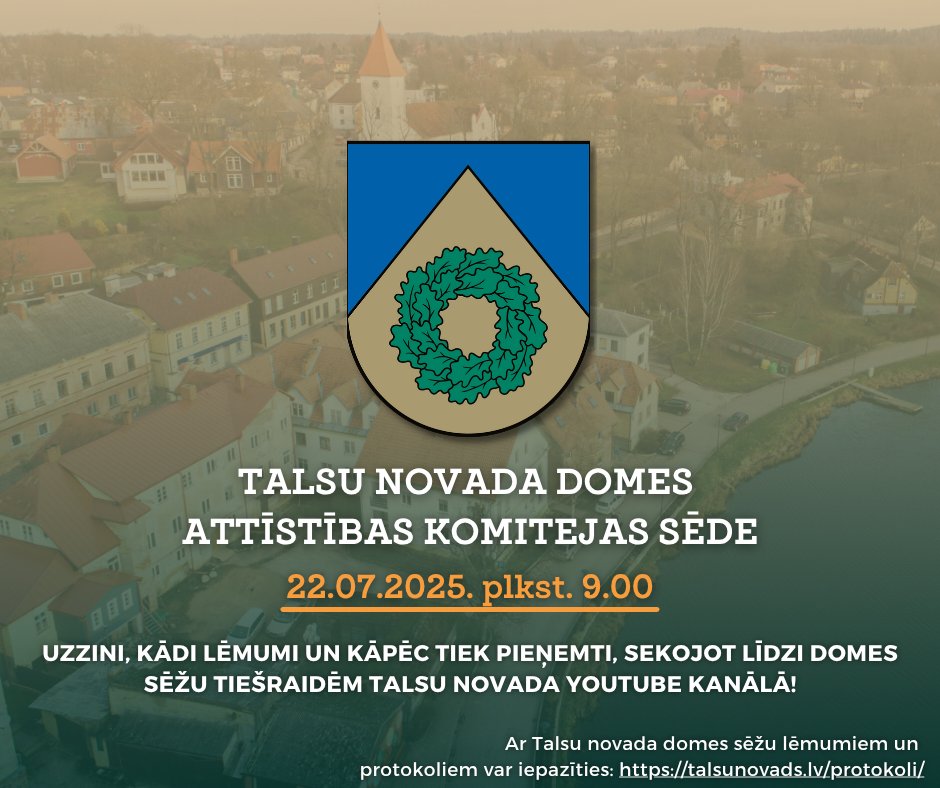 📌 22. jūlijā plkst. 9.00 notiks Talsu novada domes Attīstības komitejas sēde, kurā tiks izskatīti 7 darba kārtības jautājumi.

👉 Darba kārtība pieejama: talsunovads.lv/.../strukt.../…

👉 Komitejas sēdei var sekot līdzi attālināti YouTube kontā: youtube.com/c/TalsuNovadsV…

#talsunovads