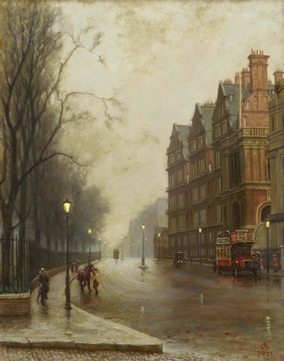 PaintingsLondon's tweet image. Good morning! This week's theme is London Rain 🌧
-----
'Kensington Gore' (1921) by Arthur Temple Felix Clay
(Kensington Central Library)