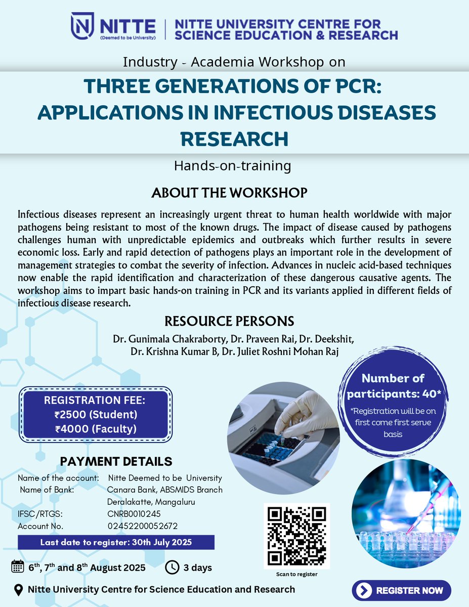 NUCSER_Official's tweet image. Join us for a power-packed 3-day workshop focusing on the evolution of PCR technologies – from Conventional PCR to Real-Time PCR (qPCR) and the cutting-edge Droplet Digital PCR (ddPCR). #NUCSER #NITTE #PCRWorkshop #InfectiousDiseases #HandsOnTraining #qPCR #ddPCR #ConventionalPCR