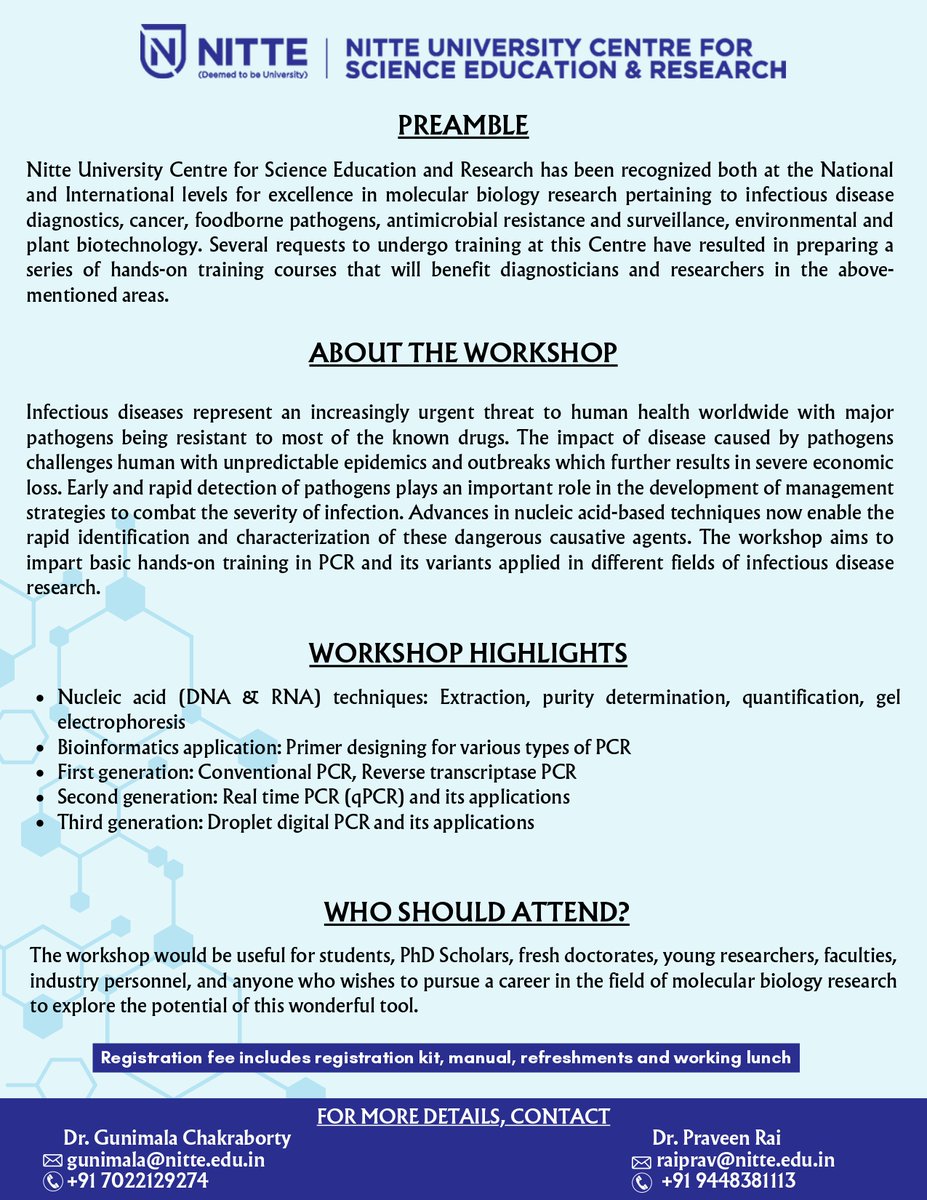 NUCSER_Official's tweet image. Join us for a power-packed 3-day workshop focusing on the evolution of PCR technologies – from Conventional PCR to Real-Time PCR (qPCR) and the cutting-edge Droplet Digital PCR (ddPCR). #NUCSER #NITTE #PCRWorkshop #InfectiousDiseases #HandsOnTraining #qPCR #ddPCR #ConventionalPCR