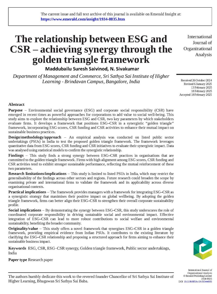 SSSIHL's tweet image. New research from SSSIHL's Dept. of Management & Commerce introduces the Golden Triangle framework—aligning #ESG scores, #CSR funding & activities to boost #sustainability. Kudos to @mssaivinod & Prof. N. Sivakumar!
doi.org/10.1108/IJOA-1…
For More: sssihl.edu.in/csr-dmc-resear…