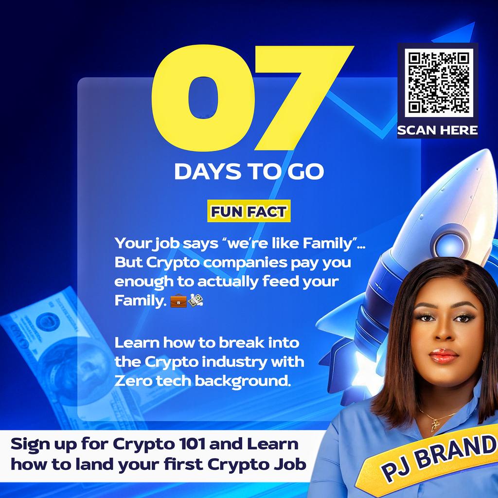 PeculiarJBrand's tweet image. 👉 Learn how to break into the crypto industry with zero tech background. Scan the barcode to Register for Crypto 101 with PJ now. Limited spots Available 

#pjbrand #pjacademy
#CryptoJobs #Web3Careers #WorkFromHomeCrypto #CryptoForBeginners #LearnCrypto #mondaymotivation
#fypシ
