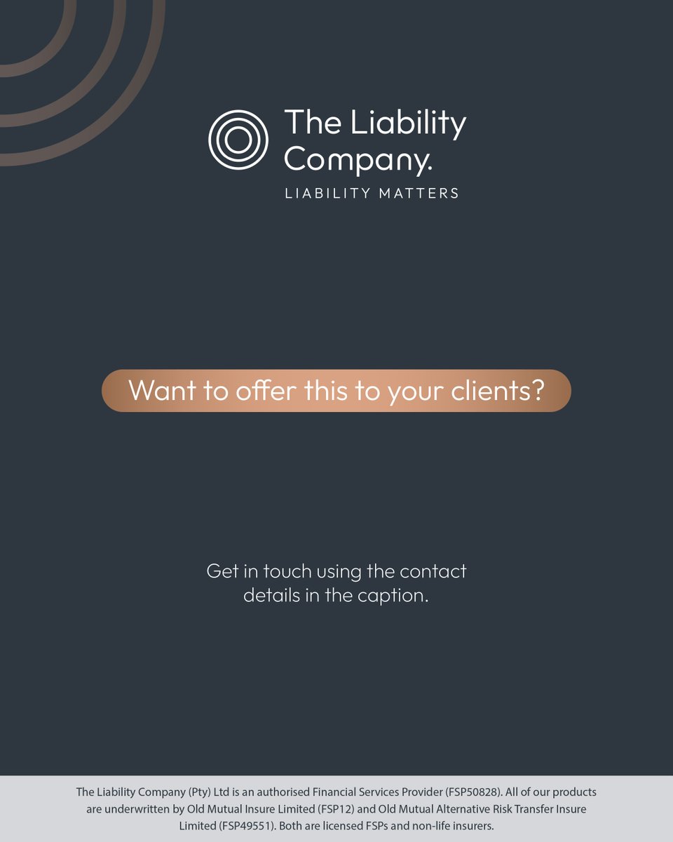 theliabilityco's tweet image. Thinking about D&O cover for your clients? From SMEs to corporates, strong leadership comes with complex risks.
At The Liability Company, we offer tailored D&O cover built for South African businesses and supported by experienced underwriting.
#Insurance #SouthAfrica