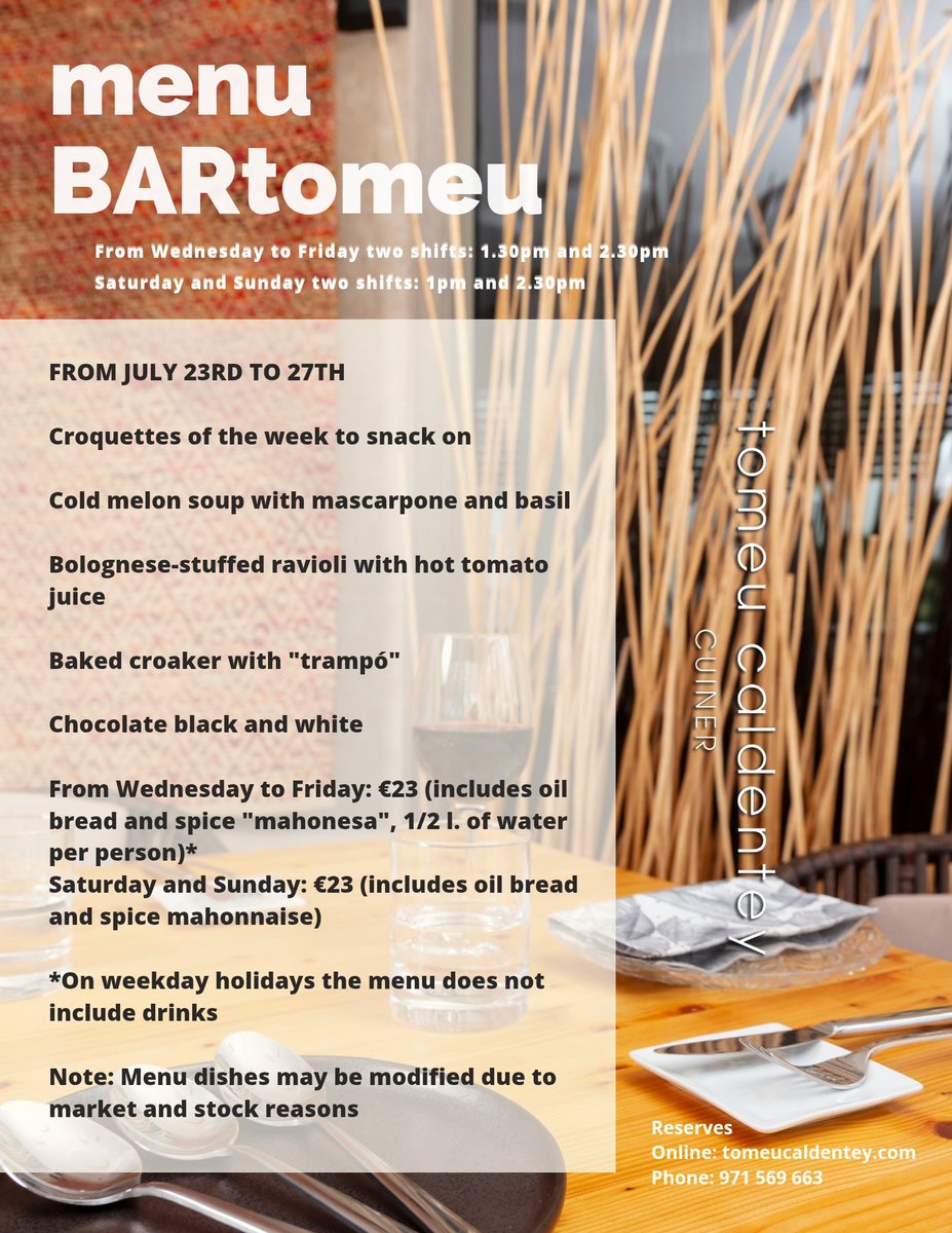 🌞🍽️ Aquesta setmana, el gust de l’estiu t’espera al BARtomeu!
Del 23 al 27 de juliol, vine a gaudir d’un menú fresc, creatiu i deliciós #23EurosDeSabor <a href="/TomeuCaldentey/">Tomeu Caldentey</a>