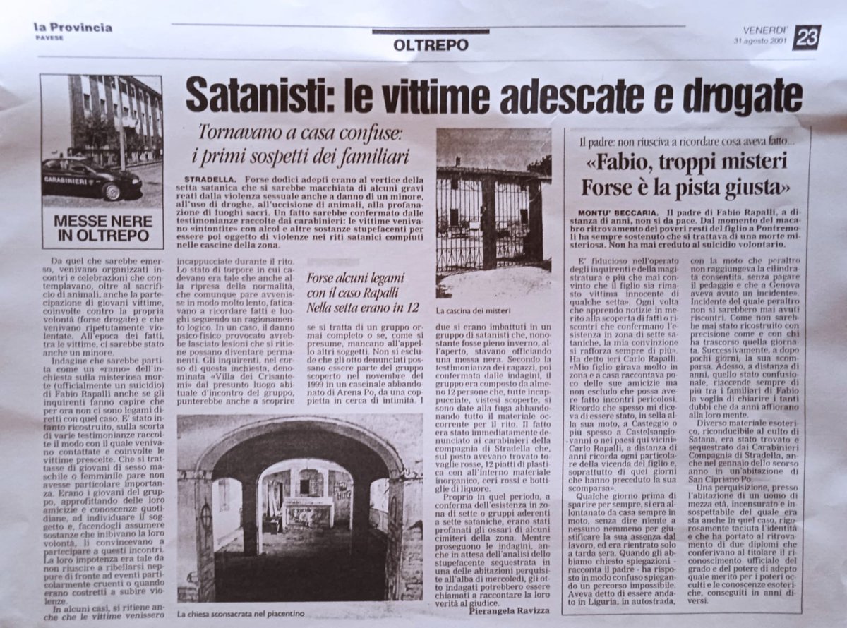 rinaldober4501's tweet image. 2001, agosto. Stessa notizia, altra fonte. L' inchiesta sui satanisti operanti in zona e congiunta tra le procure di Voghera e Piacenza entra nel vivo (La Provincia Pavese) - 2