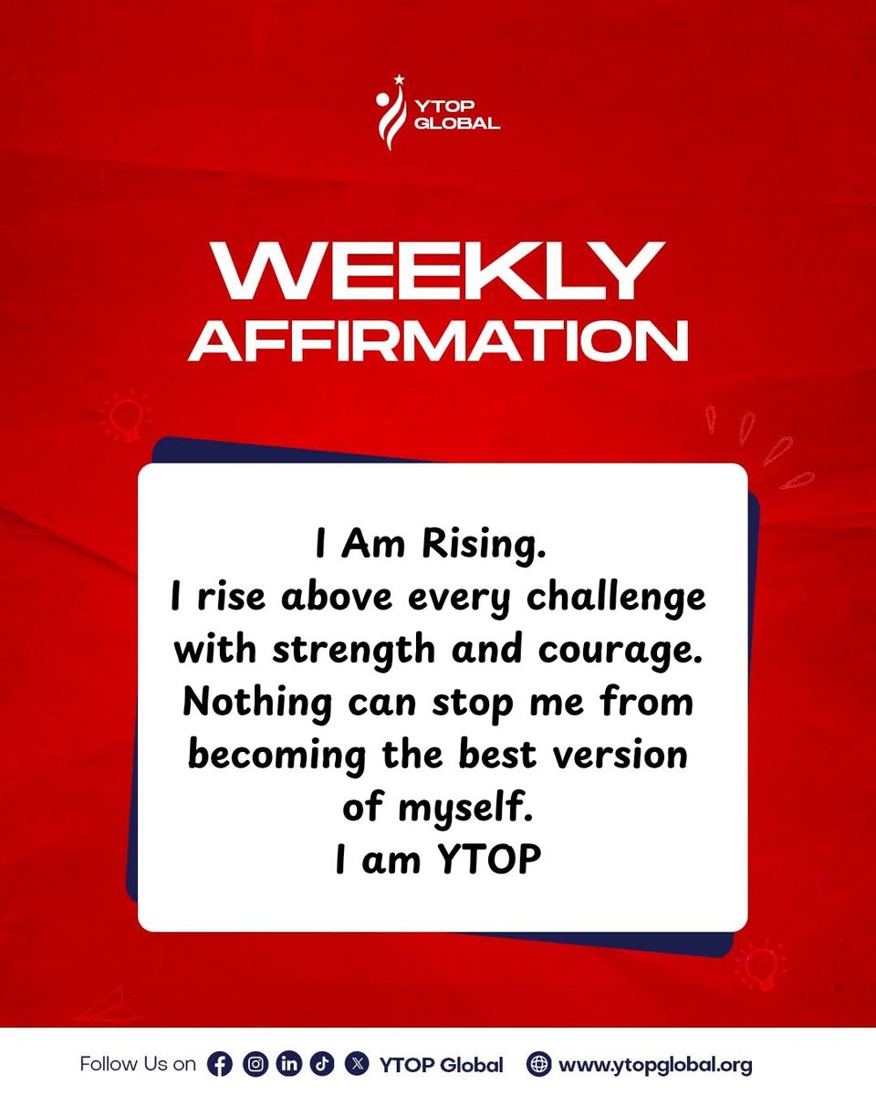 Say this with confidence:

I, (insert your name), rise above every challenge with strength and courage.
Nothing can stop me from becoming the best version of myself.
I am YTOP!

Type “I am rising” in the comments if you’re speaking this into your week! 

#YTOPGlobal #Affirmation