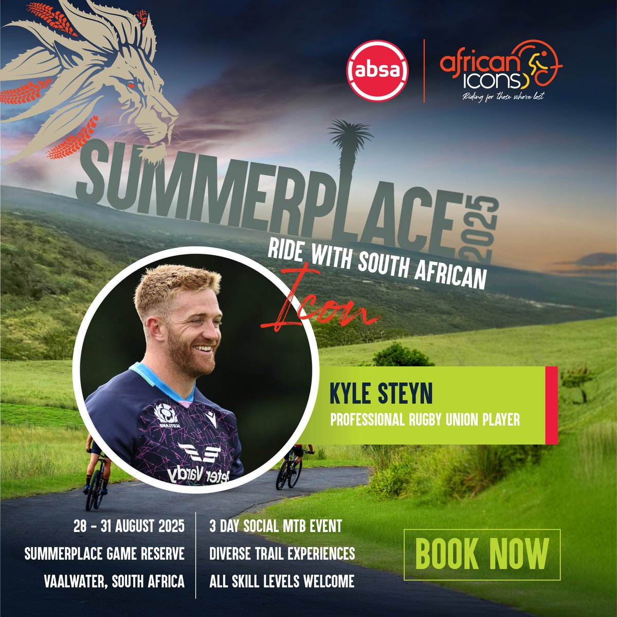 African Icons (@africaniconsinv) on Twitter photo We’re excited to announce that <a href="/kylesteyn/">Kyle Steyn</a>, Scotland international and Glasgow Warriors captain, will be joining us at the 2025 Absa African Icons Social Cycling Event. 
Register Now: africanicons.org.za/summerplace-20… 
#AbsaAfricanIcons #KyleSteyn #Summerplace2025 #SummerPlaceGameReserve We’re excited to announce that <a href="/kylesteyn/">Kyle Steyn</a>, Scotland international and Glasgow Warriors captain, will be joining us at the 2025 Absa African Icons Social Cycling Event. 
Register Now: africanicons.org.za/summerplace-20… 
#AbsaAfricanIcons #KyleSteyn #Summerplace2025 #SummerPlaceGameReserve