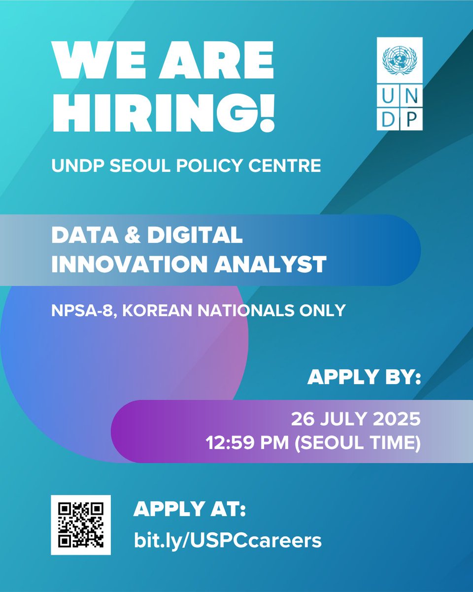 UNDP Seoul Policy Centre (@undpspc) on Twitter photo 📢 <a href="/UNDPSPC/">UNDP Seoul Policy Centre</a> is recruiting a #Data & Digital Innovation Analyst (NPSA-8)!
✔️ Fluency in English & Korean
✔️ Large-scale data analysis experience
✔️ Digital platforms for development
⏰ Apply by 26 Jul 2025, 12:59 PM (Seoul time)
➡️ More details: bit.ly/USPCcareers 📢 <a href="/UNDPSPC/">UNDP Seoul Policy Centre</a> is recruiting a #Data & Digital Innovation Analyst (NPSA-8)!
✔️ Fluency in English & Korean
✔️ Large-scale data analysis experience
✔️ Digital platforms for development
⏰ Apply by 26 Jul 2025, 12:59 PM (Seoul time)
➡️ More details: bit.ly/USPCcareers