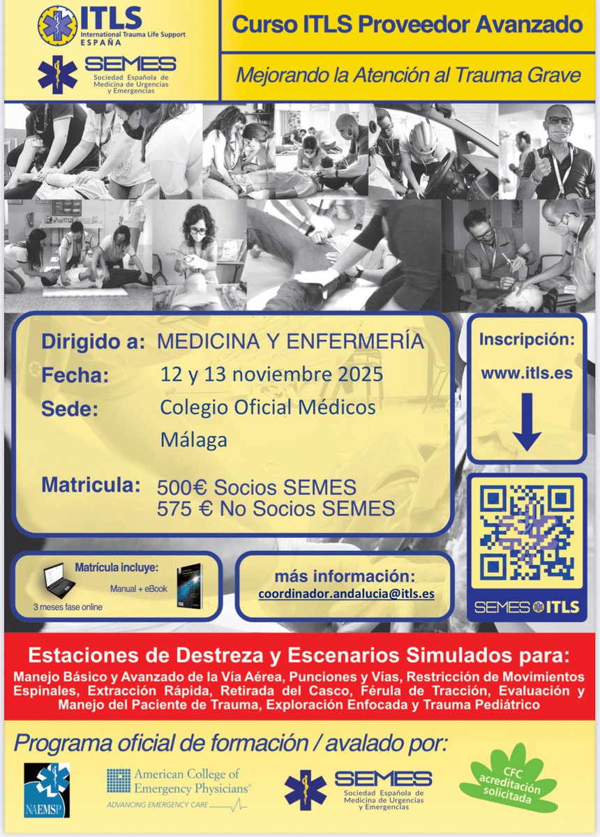 SEMES ITLS-España (@itls_spain) on Twitter photo Curso <a href="/ITLS/">International Trauma Life Support (ITLS)</a> <a href="/SEMES_/">SEMES</a> #ITLSAvanzado para medicina y enfermería en el Colegio Oficial de Médicos de Málaga con fase presencial los días 12 y 13 de noviembre.
Info en coordinador.andalucia@itls.es
Preinscripción itls.es
#MejorandoLaAtencionAlTraumaGrave #TraumaGrave Curso <a href="/ITLS/">International Trauma Life Support (ITLS)</a> <a href="/SEMES_/">SEMES</a> #ITLSAvanzado para medicina y enfermería en el Colegio Oficial de Médicos de Málaga con fase presencial los días 12 y 13 de noviembre.
Info en coordinador.andalucia@itls.es
Preinscripción itls.es
#MejorandoLaAtencionAlTraumaGrave #TraumaGrave