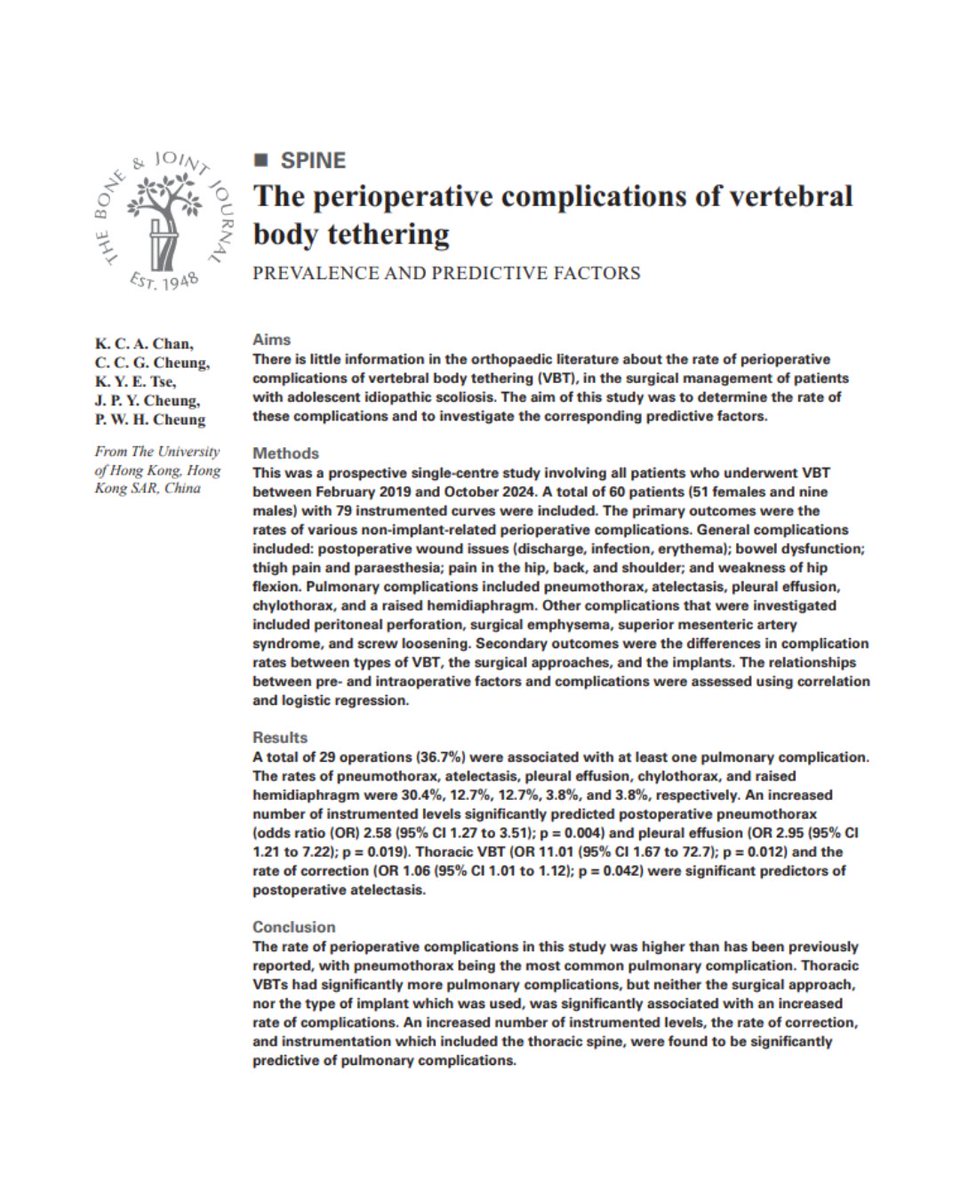 BoneJointJ's tweet image. The rate of perioperative complications during vertebral body tethering in this study was higher than has been previously reported, with pneumothorax being the most common pulmonary complication.
#Spine #Surgery #Ortho @jasonpycheung
ow.ly/LOz550WkhnT