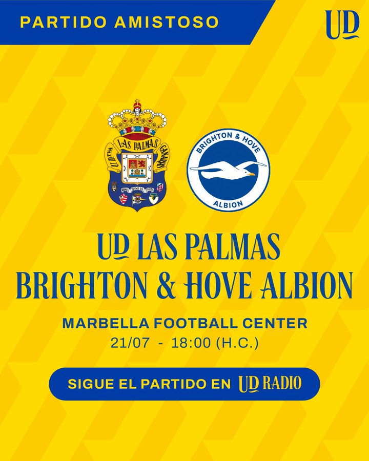 Peñas UD LAS PALMAS (@fpudlp) on Twitter photo Hoy a las 18:00 horas segundo partido de pretemporada en Marbella <a href="/UDLP_Oficial/">UD Las Palmas</a> <a href="/OfficialBHAFC/">Brighton & Hove Albion</a>
Lo puedes seguir en directo en <a href="/RTVCes/">RTVC</a>
¡Seguimos sumando! 💛💙💛💙 Hoy a las 18:00 horas segundo partido de pretemporada en Marbella <a href="/UDLP_Oficial/">UD Las Palmas</a> <a href="/OfficialBHAFC/">Brighton & Hove Albion</a>
Lo puedes seguir en directo en <a href="/RTVCes/">RTVC</a>
¡Seguimos sumando! 💛💙💛💙