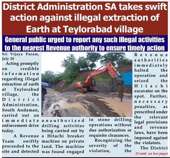 MediaRN_ANI's tweet image. #NewAndamans
@DcSouthandaman taken swift action against illegal extraction of earth at #Teylorabad village #SriVijayaPuram. Hitachi breaker machine used in #StoneDrilling operations without due #Authorization or requisite clearances on site was seized and operation halted…