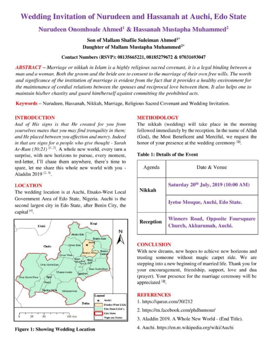 Ah şu akademisyenler yok mu…

Düğün davetiyelerini bile makale yazım formatında hazırlıyorlar😜

Hem de “Abstract, Keywords, Introduction, Metgodolgy, Conclusion ve Reference” bölümlerini içeren bir davetiye..

Bakalım çocuklarının doğum haberini hangi formatta paylaşacaklar😀