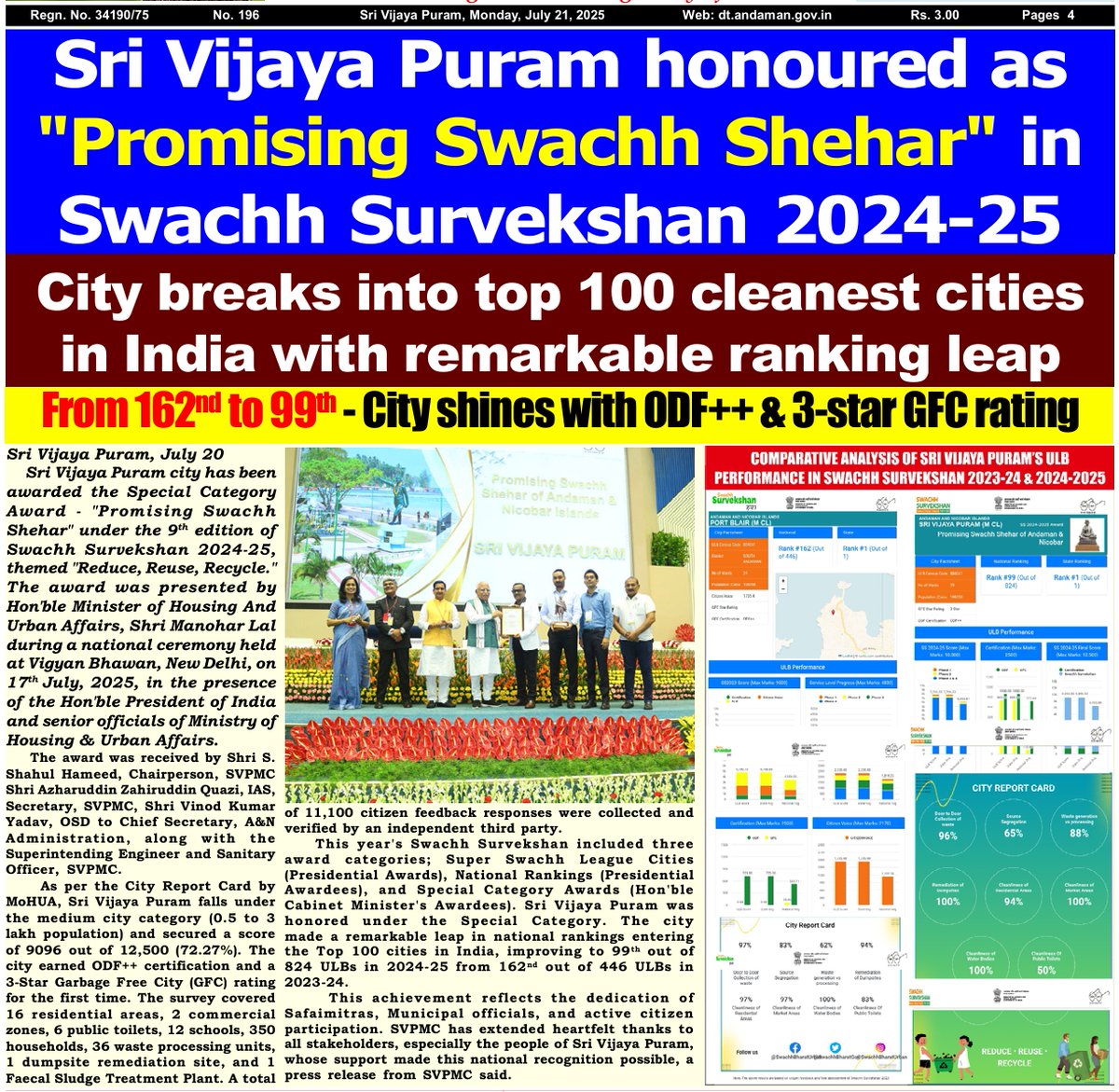 MediaRN_ANI's tweet image. #IslandsDevelopmentAgency
#NewAndamans #3R
#SriVijayaPuram has been recognized as a "Promising Swachh Shehar" in the #SwachhSurvekshan2024_25, honored under the Special Category of @SwachSurvekshan. #City earned ODF++ certification and a 3-Star Garbage Free City (GFC) rating, a…