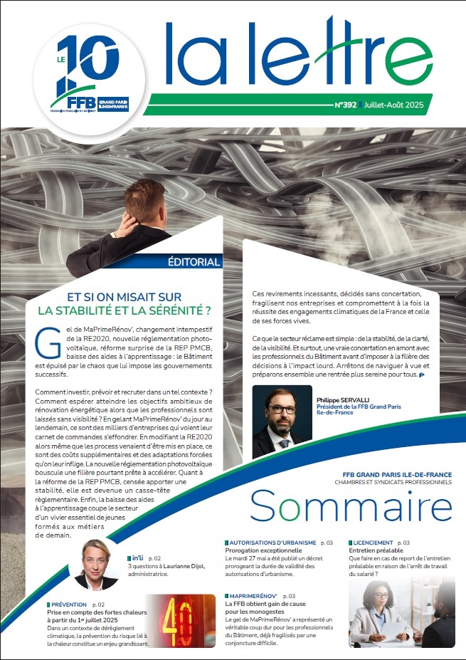 [LETTRE DU 10] 📰 Dans l'édition d'été de notre newsletter, découvrez des infos sur MaPrimeRénov', les autorisations d'urbanisme, la prévention en cas de fortes chaleurs et bien d’autres.
➡ Retrouvez toute l'actu de notre Fédération et Chambres pros 👇
ffbatiment.fr/actualites-bat…