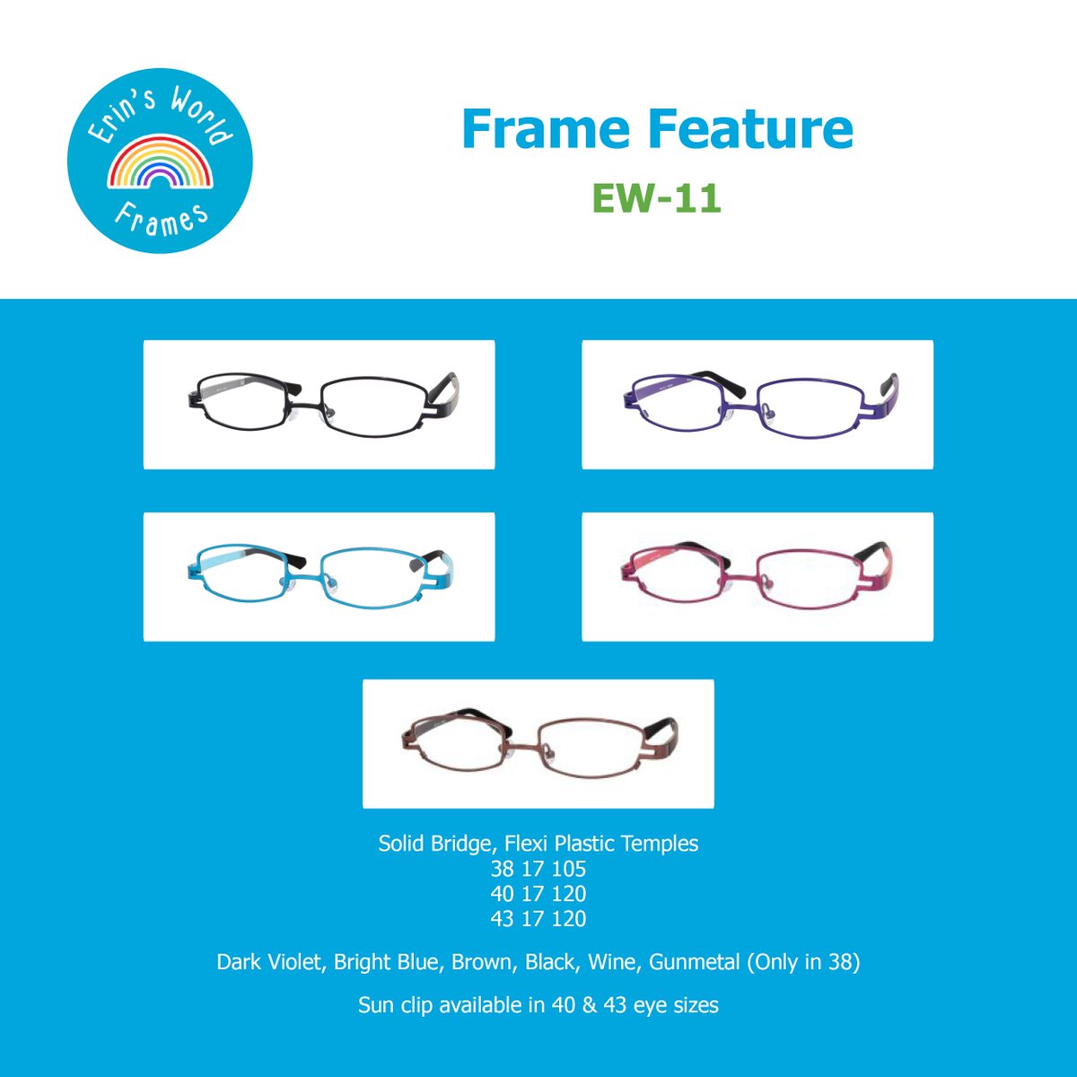 Introducing EW-11! 

Featuring a solid bridge and flexi plastic temples.

Available in Dark Violet, Bright Blue, Brown, Black, Wine, Gunmetal (Only in 38) 

😎Don’t forget to order your sun clip, available in 40 &amp; 43 eye sizes.

#ErinsWorldFrames