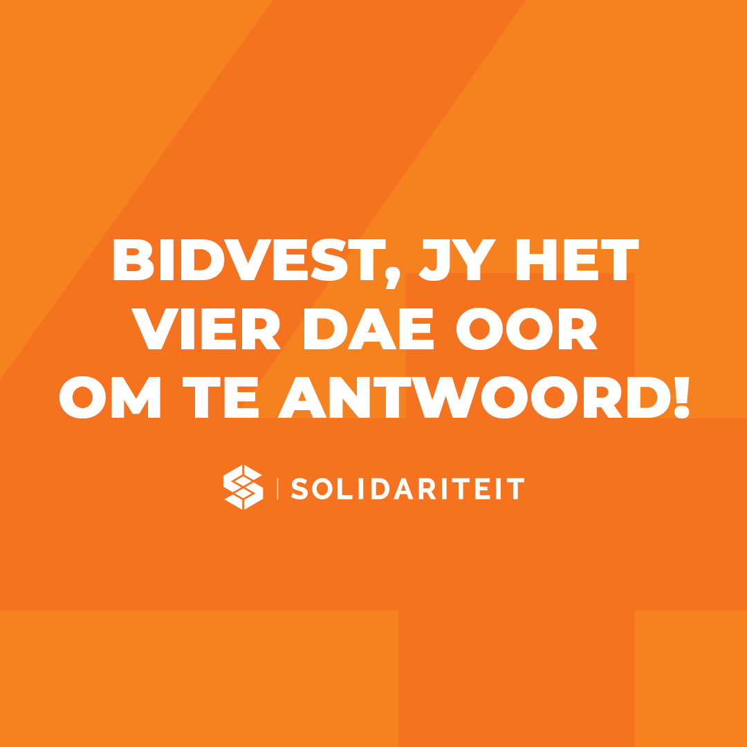 solidariteit's tweet image. Die wêreld kyk. Gaan Bidvest hul diskriminerende plan staak – of stilbly?
Solidariteit het ʼn formele skrywe aan Bidvest gestuur en hulle uitgedaag om hul rasseskema te stop – ʼn beleid wat mense op grond van ras klassifiseer. Nou wag ons.
Kyk die podsending vir meer inligting…