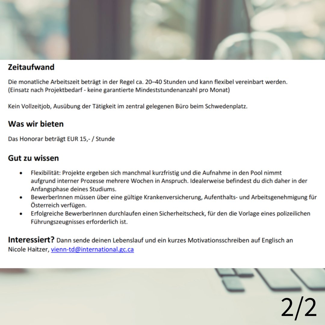 Kanada in Österreich (@kanoesterreich) on Twitter photo 🇨🇦 Jobangebot für Studierende: Wenn dein Profil passt und du ausgezeichnete Deutschkenntnisse hast, sende deinen Lebenslauf und ein kurzes Motivationsschreiben auf Englisch an Nicole Haitzer unter vienn-td@international.gc.ca.
Bewerbungsfrist: 28. August 2025 🇨🇦 Jobangebot für Studierende: Wenn dein Profil passt und du ausgezeichnete Deutschkenntnisse hast, sende deinen Lebenslauf und ein kurzes Motivationsschreiben auf Englisch an Nicole Haitzer unter vienn-td@international.gc.ca.
Bewerbungsfrist: 28. August 2025