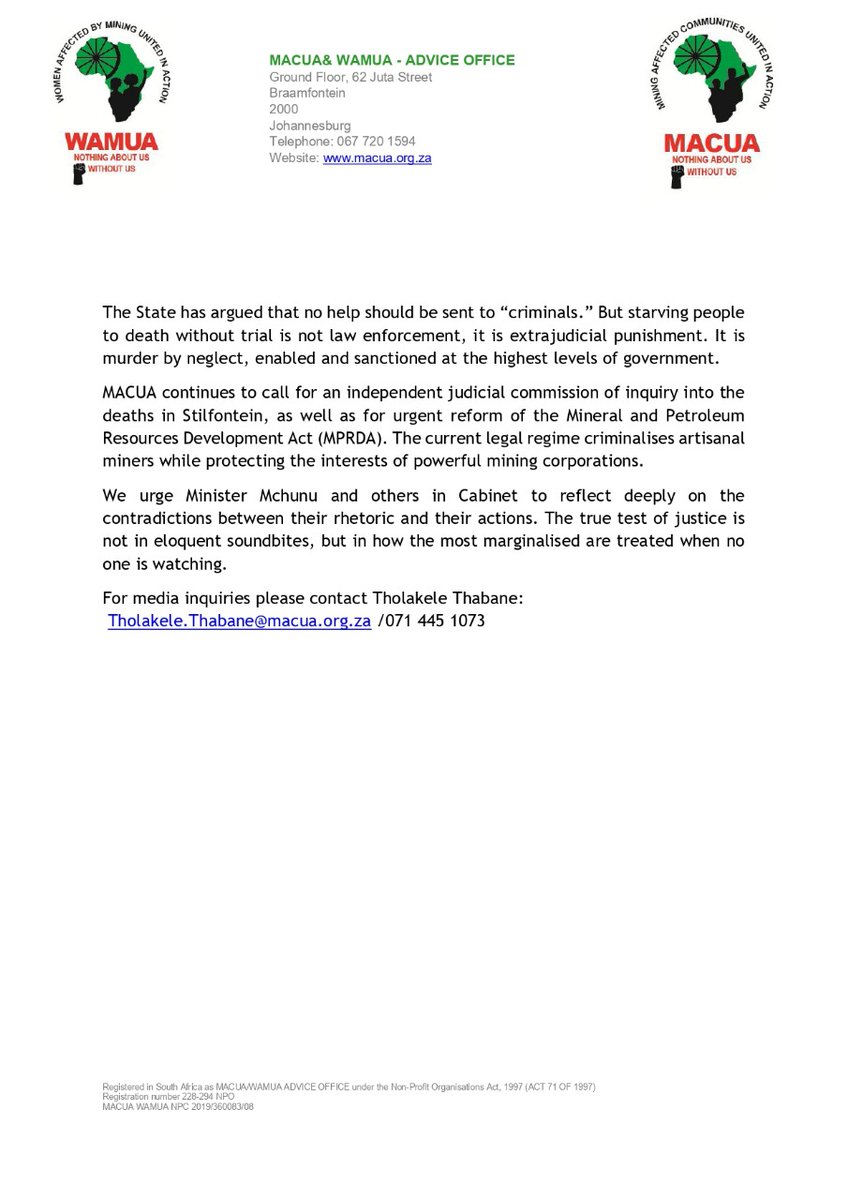 macua_sa's tweet image. MACUA Responds to Minister Mchunu: The Irony of Selective Justice

While Minister Mchunu warns against being &quot;accuser, investigator, prosecutor and judge,&quot; we remind him of the Stilfontein tragedy, where poor artisanal miners were starved and lost their lives at the hands of the…