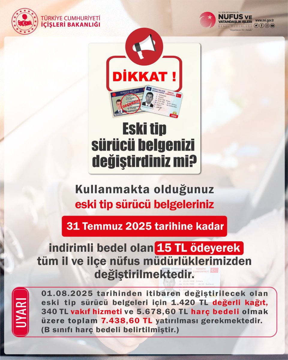 Eski tip sürücü belgesine sahip olan vatandaşlarımızın dikkatine‼️

Değiştirmeniz için son 1️⃣0️⃣ gün‼️

31.07.2025 tarihine kadar eski tip sürücü belgenizi tüm nüfus müdürlüklerimizden randevu alarak değiştirebilirsiniz. 

#HayatınızınHerAnında