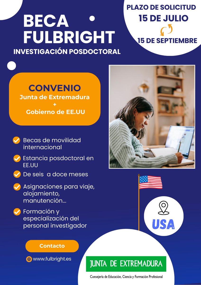 🚀No dejes pasar la oportunidad de llevar a cabo tu investigación posdoctoral en EE.UU.

🗓️SOLICITUD
· Hasta el 15 de septiembre

🔗Consulta toda la información fulbright.es/programas-y-be…