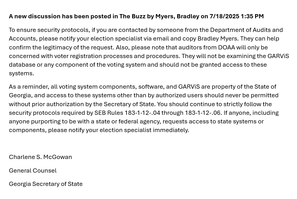 KevinMoncla's tweet image. Georgia's Secretary of State recently announced that an audit would be performed of the state's voter rolls, which now include 104% of the state's citizen voting age population. Now the SOS's General Counsel, Charlene McGowan, has directed counties not to give auditors access to…